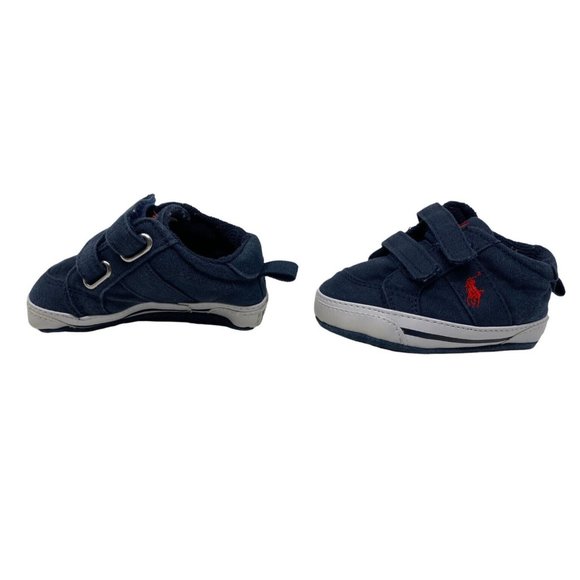 Baby Crib Shoes Polo Ralph Lauren Hook Loop Horse Logo Shoes  Navy Blue Red USA - Picture 3 of 9